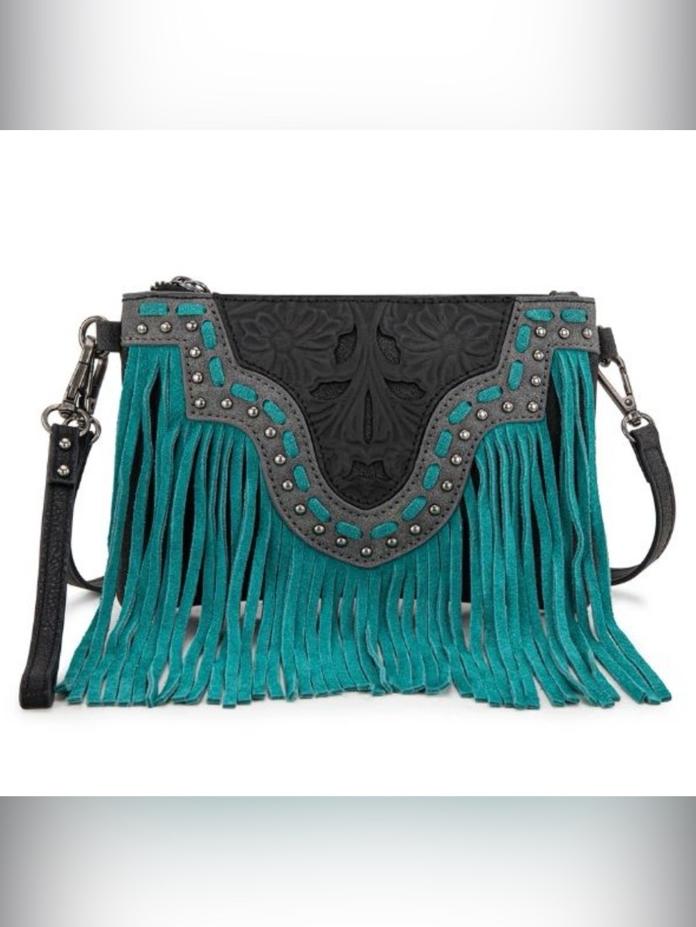 Fringed Black Crossbody Bag with Teal Suede Accents